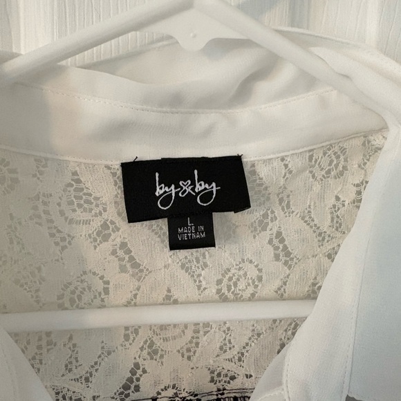 Sheer White Blouse Lace Yoke Polka Dot Back Button Front Roll Sleeve Top Women L - Picture 9 of 10